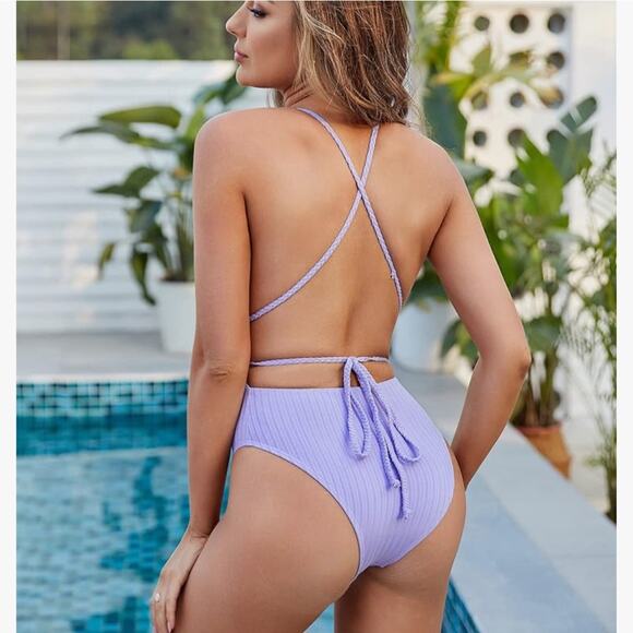 NWT Zaful Deep V Ribbed Swimsuit Sexy One Piece Lilac Pastel Medium Open Back - Picture 5 of 10